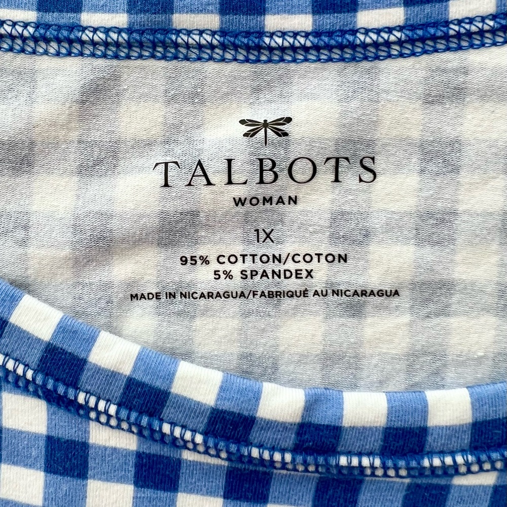 Talbots Blue And White Gingham Plaid Short Sleeve Boat Neck Tee (1X) Like New - Picture 5 of 6